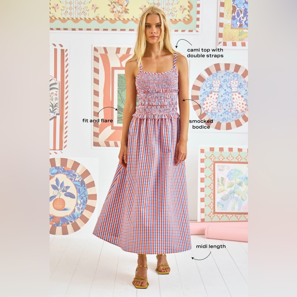 HUNTER BELL Francie Lighthouse Red and Blue Gingham Midi Dress